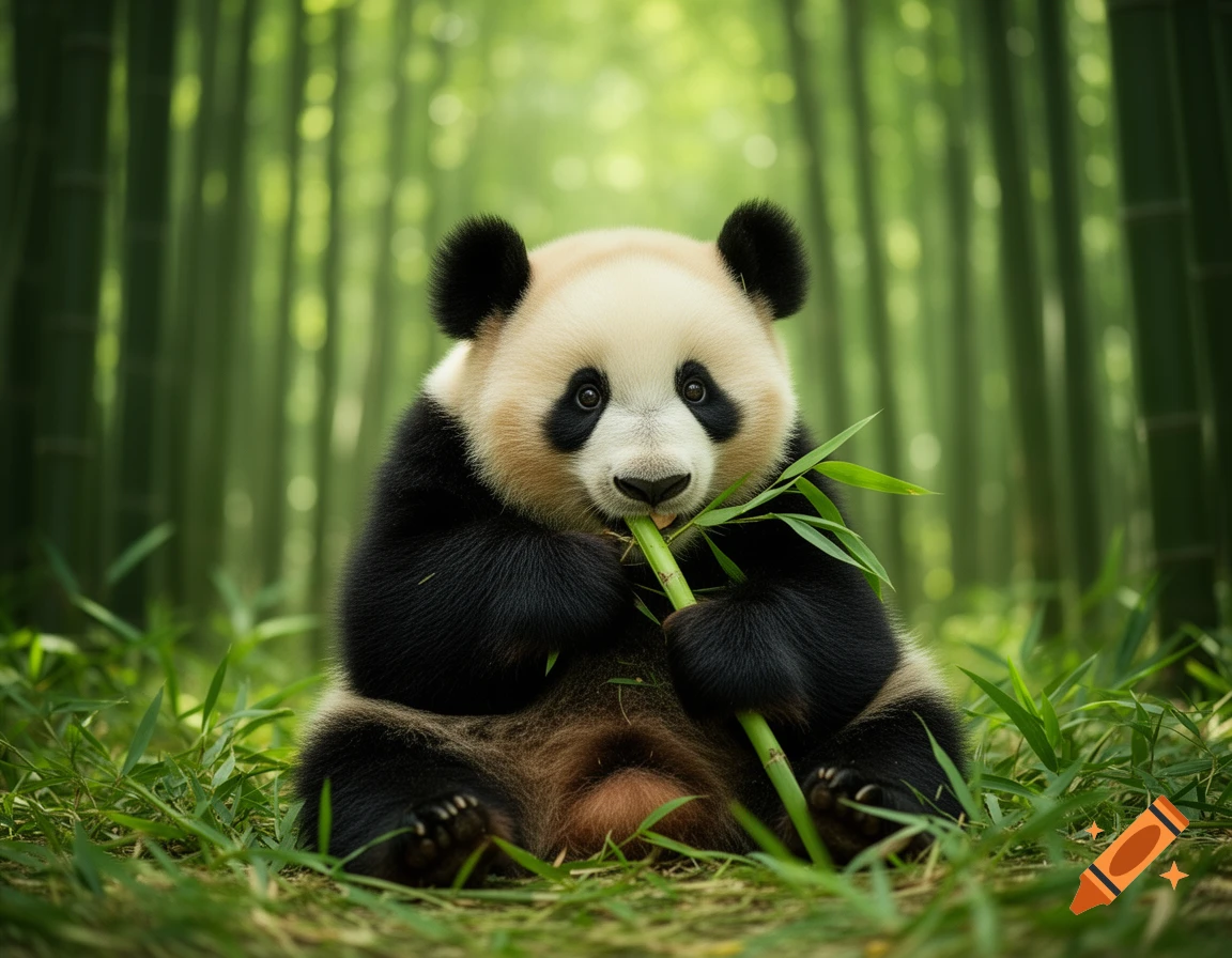 A cute panda sits in a bamboo forest, eating a bamboo stalk, looking directly at the viewer.