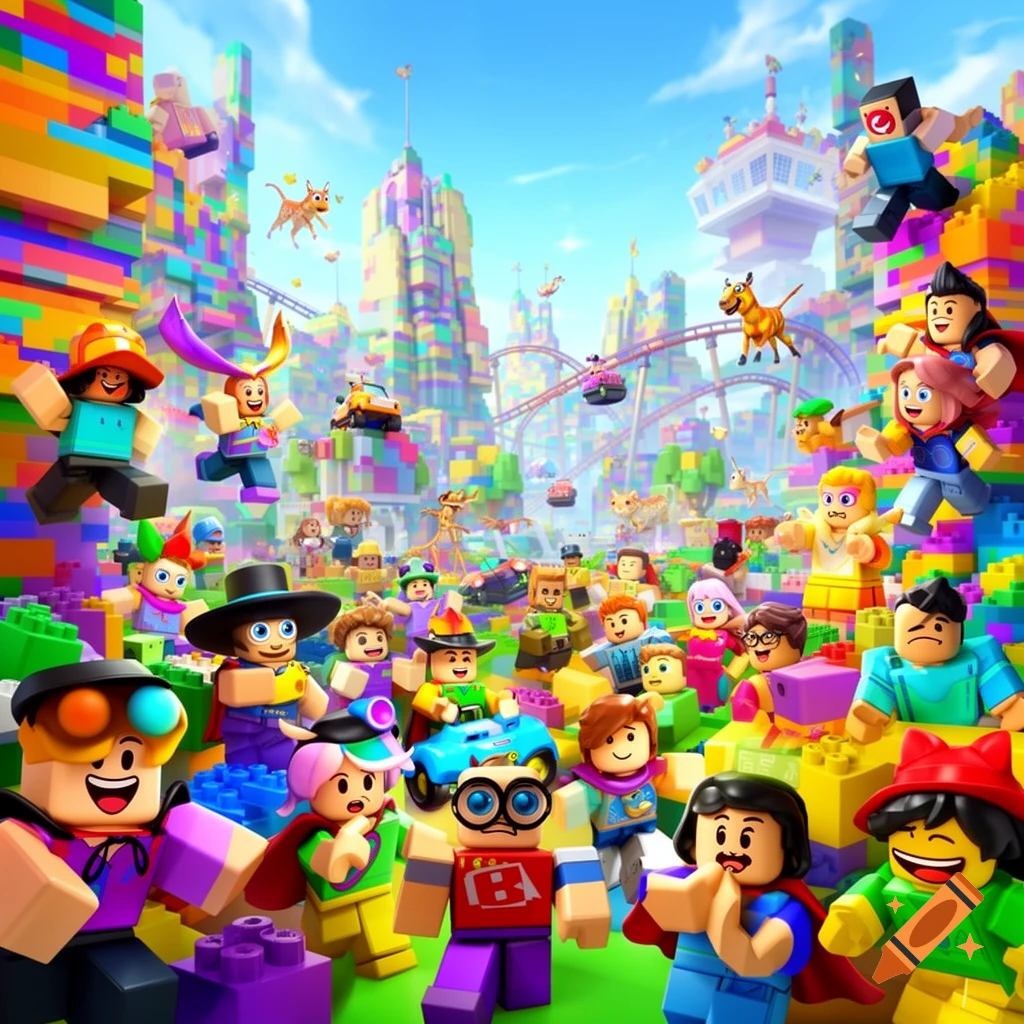A vibrant, cartoonish scene with many blocky characters in a colorful city made of blocks, with a rollercoaster.