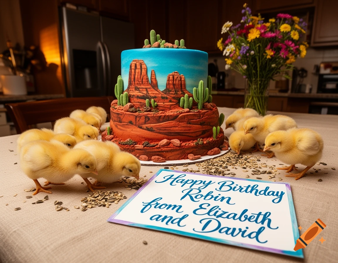 Fluffy yellow baby chicks gather around a Sedona-themed birthday cake and a 'Happy Birthday' card on a table.