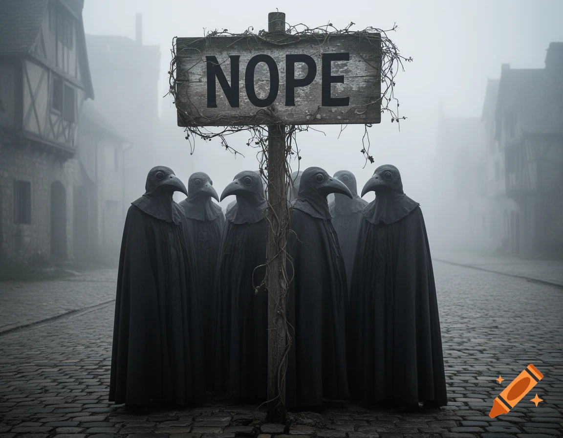 Several plague doctors in dark cloaks stand around a wooden 'NOPE' sign on a foggy, cobblestone street.