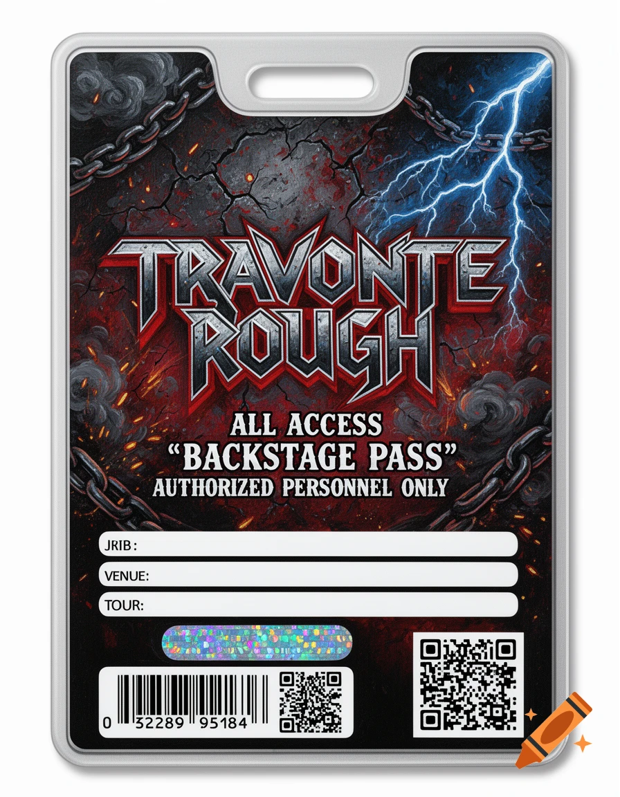 A gritty thrash metal backstage pass for Travonte Rough, featuring chains, lightning, and distressed textures.