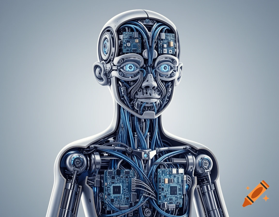 Close-up of an intricately detailed android with exposed internal wiring, circuit boards, and glowing blue eyes, rendered in a realistic style.