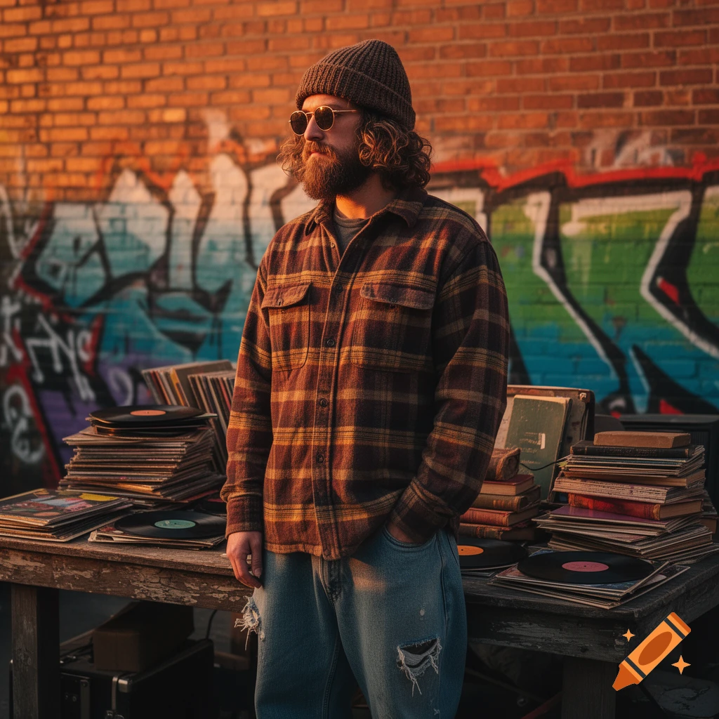A bearded man in a plaid shirt, beanie, and ripped jeans stands by a table of records and books against a graffiti-covered brick wall at sunset.
