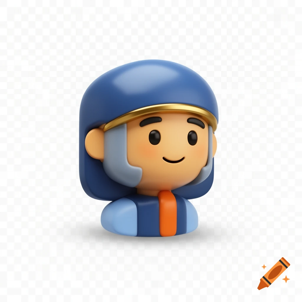 A friendly 3D cartoon character icon in a blue helmet with gold trim, light grey ear flaps, and an orange stripe on a blue torso, on a transparent background.