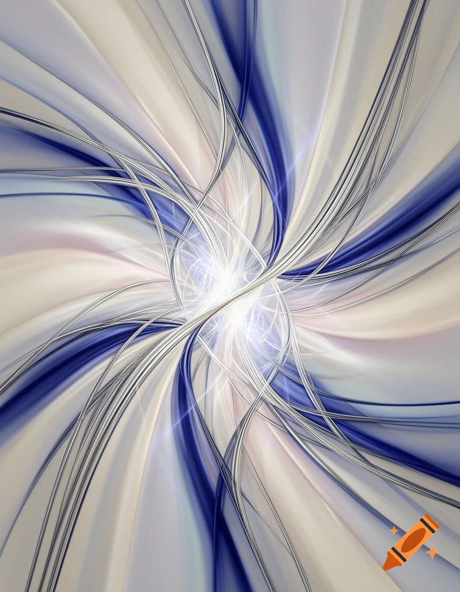 Abstract swirling blue, white, and beige lines converge to a bright central glow, modern digital art.