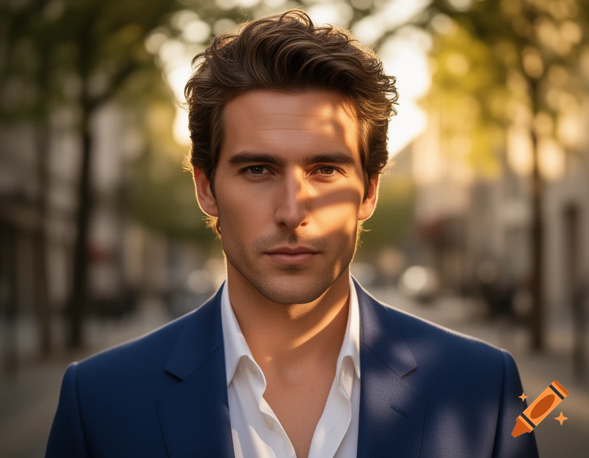 Handsome man in a blue suit and white shirt, lit by golden hour sun with shadows on his face, blurred outdoor background.