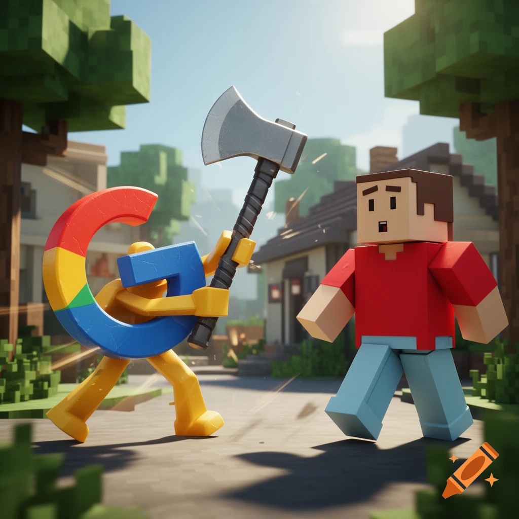 A blocky Google logo character swinging an axe at a blocky human figure in a stylized village, resembling a video game.