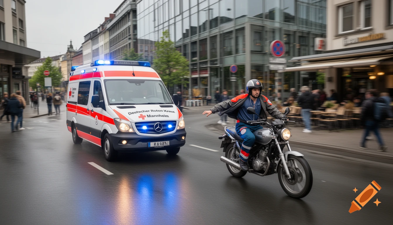 A white ambulance with flashing blue lights drives on a wet city street, followed by a motorcyclist in an open uniform jacket.