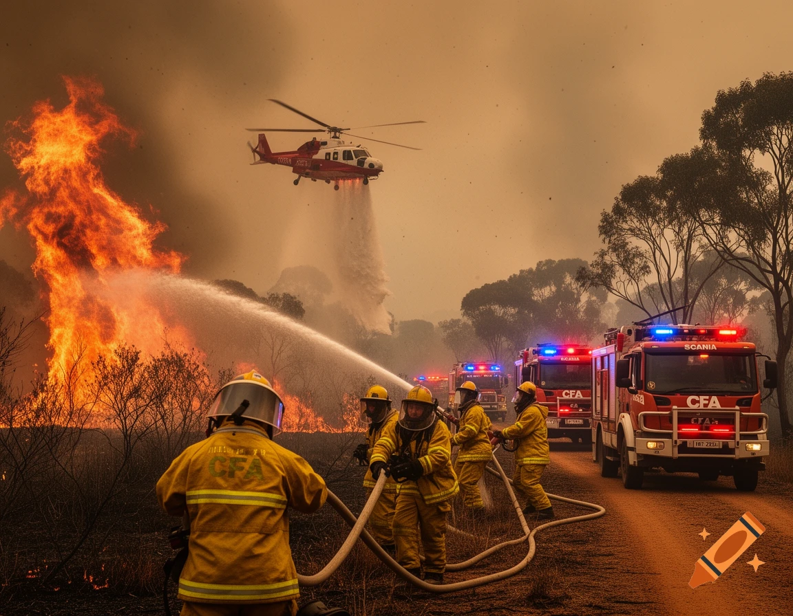 Firefighters battle a massive bushfire with hoses, backed by fire trucks and a helicopter dropping water in a smoky, arid landscape.