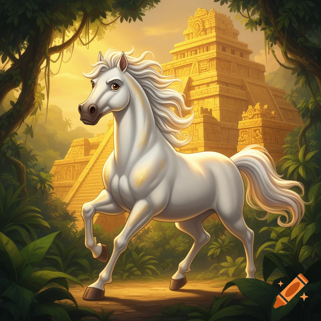 A white horse with a flowing mane stands on a path in a lush jungle with a golden ancient temple under a warm sky, in an animated style.