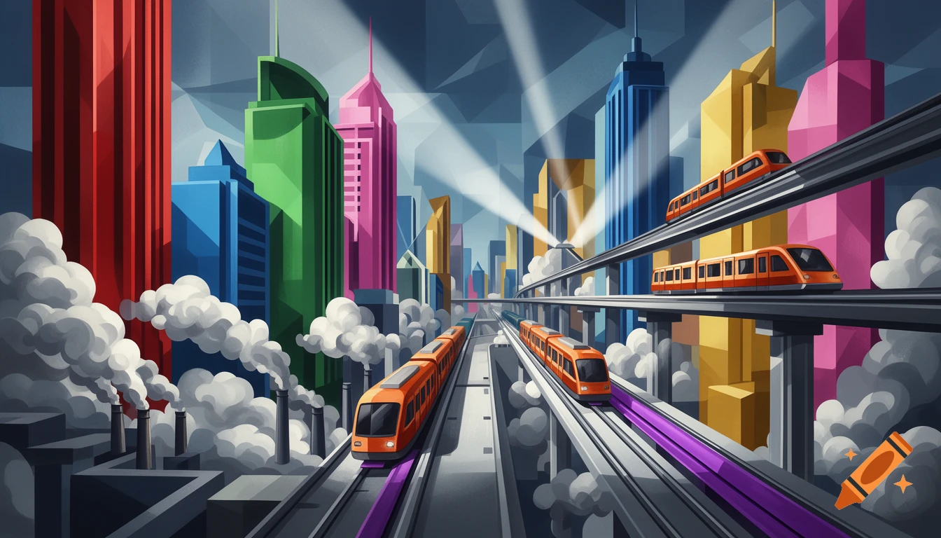 Colorful Cubist illustration of a futuristic city with high-rises, elevated monorails, trains, and smoke from chimneys.