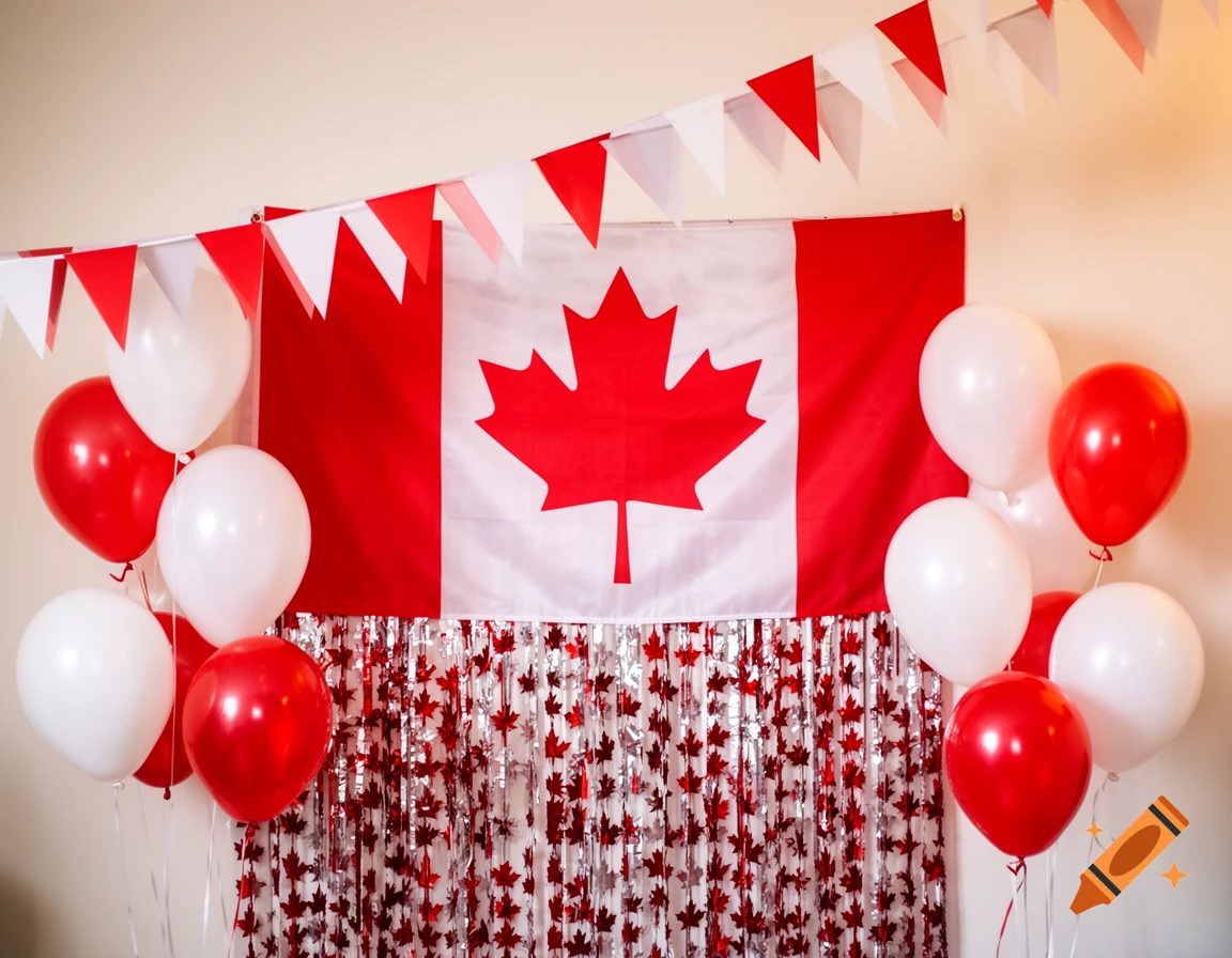 Canadian flag on a wall with red and white balloons, a triangular banner, and a metallic maple leaf curtain.