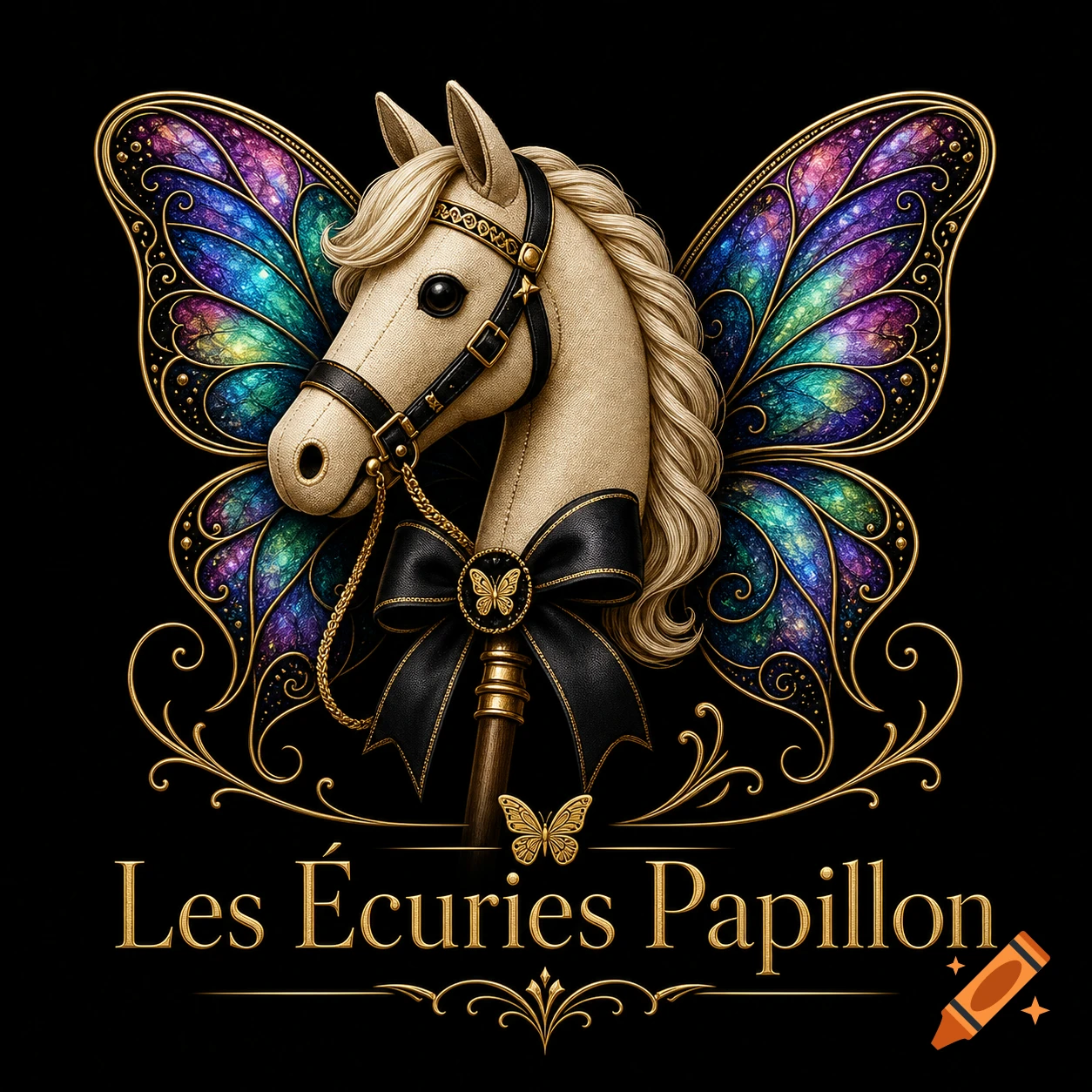 A luxurious logo features a beige hobby horse head with a black bridle and bow, flanked by ornate, iridescent butterfly wings, above the golden text 'Les Écuries Papillon' on a black background.