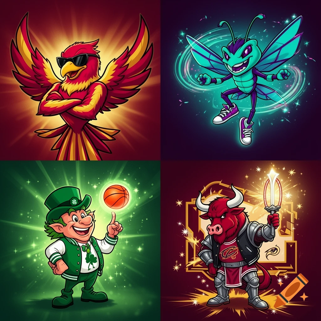 Four vibrant 90s cartoon-style sports mascots, including a red hawk, a teal hornet, a green leprechaun, and a red bull knight.