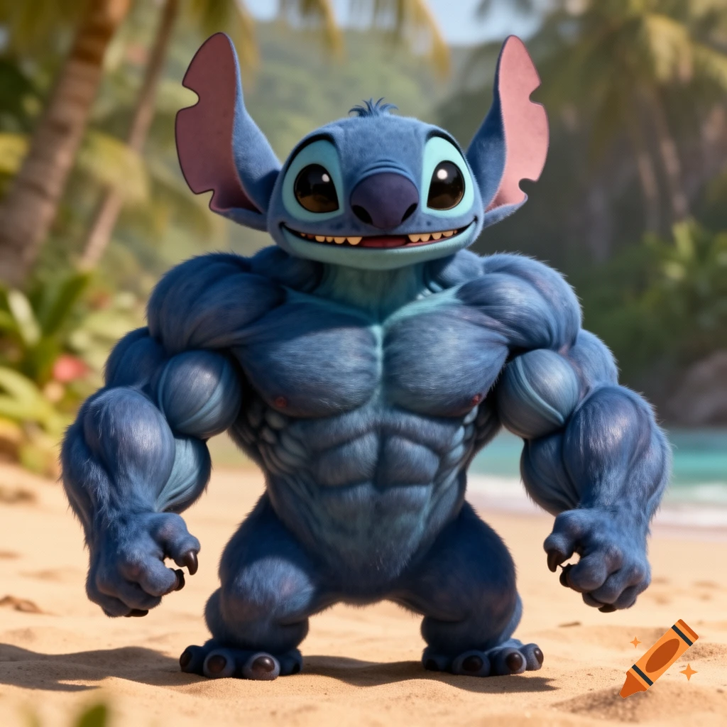 Hyper-realistic, extremely muscular blue alien character Stitch stands on a sandy beach with palm trees and ocean in the background.