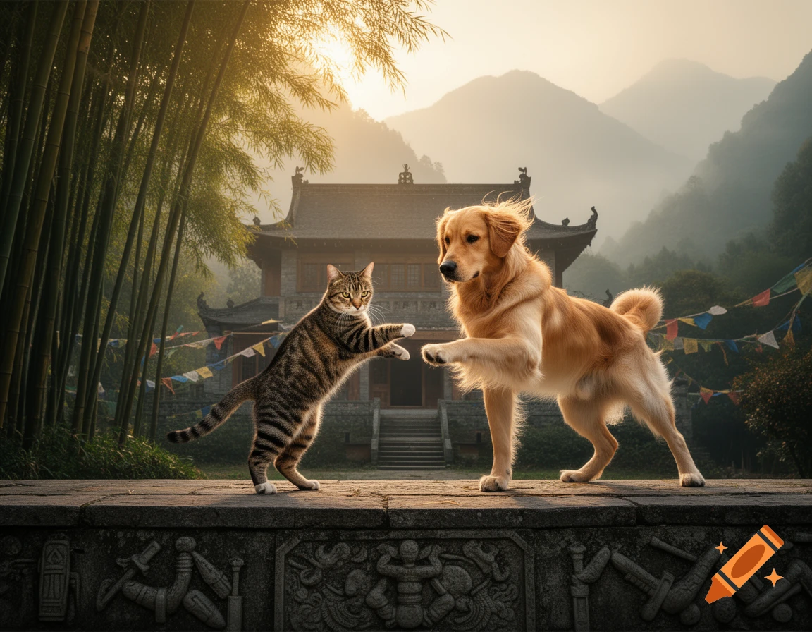A tabby cat and a golden retriever face each other on a stone wall, appearing to spar, with a temple, bamboo, and mountains in the background at sunset.