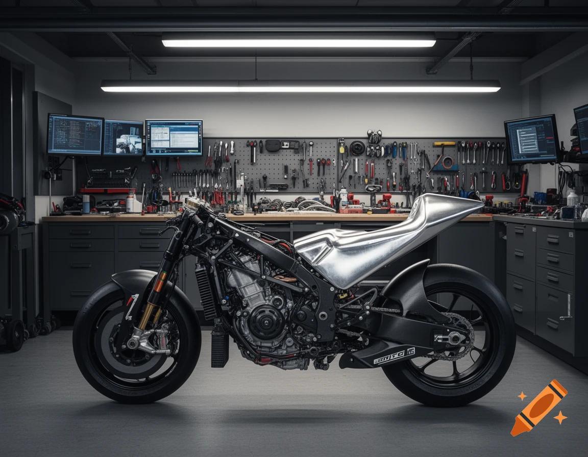 A sleek, silver MotoGP prototype motorcycle with its fairings removed, showcasing the engine in a modern garage workshop.