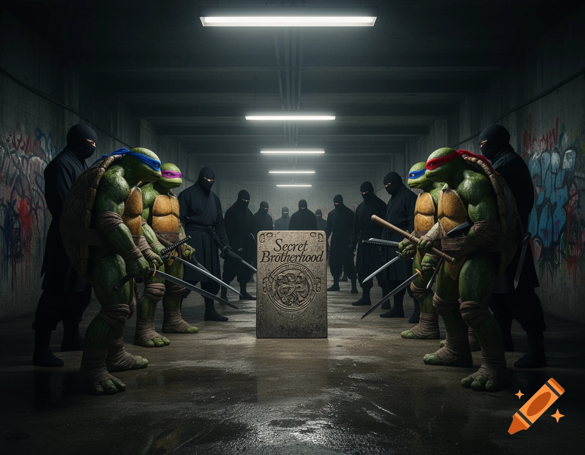Four Ninja Turtles and groups of ninjas face each other across a stone tablet that reads "Secret Brotherhood" in a dark, graffiti-covered underground tunnel.