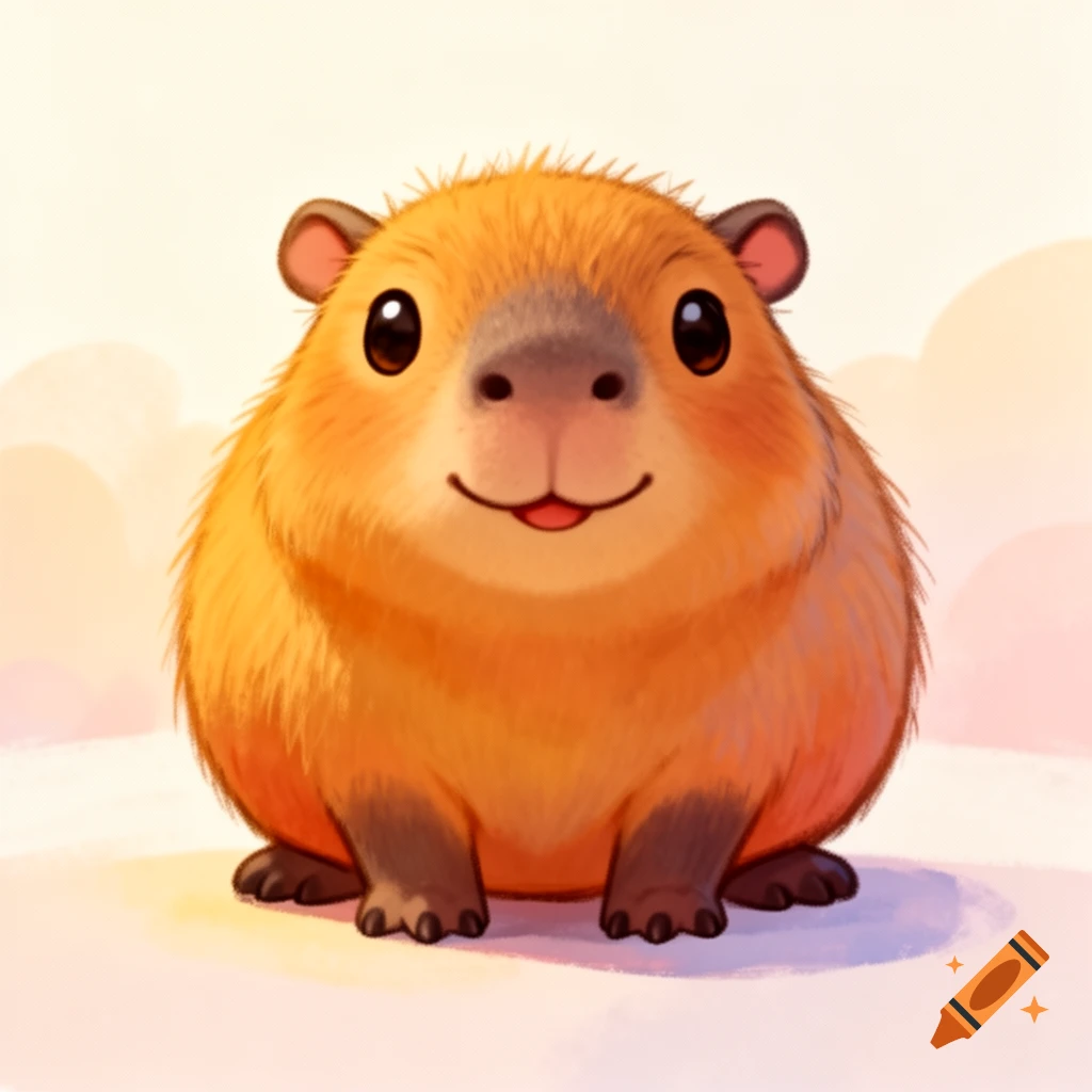 A cute, round, cartoon capybara with big eyes and a friendly smile, illustrated on a soft, light background.