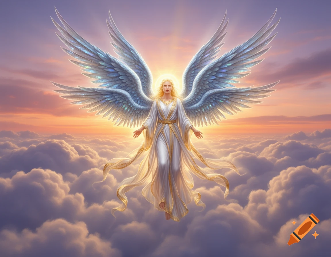 A radiant, multi-winged angel in a flowing white and gold gown floats majestically above clouds with a glowing sunrise or sunset background.