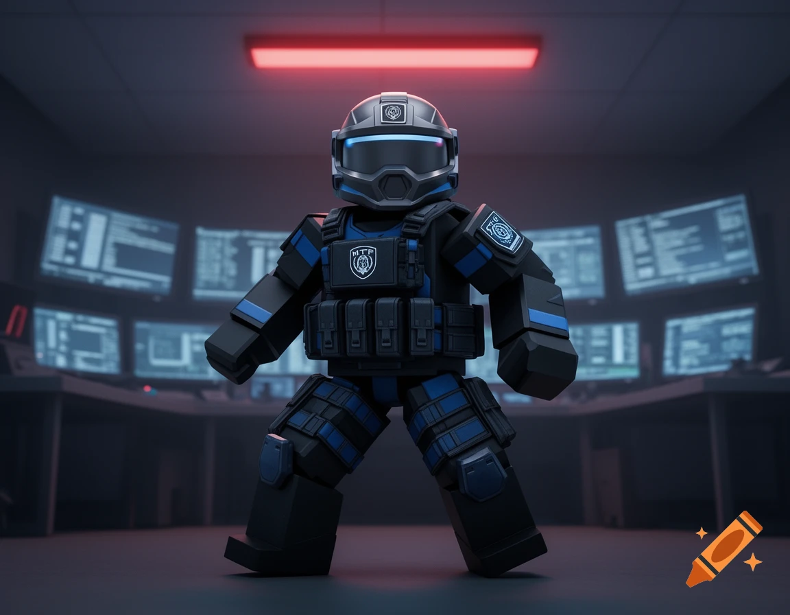 A Roblox-style character in dark tactical gear with blue accents and a helmet stands in a dimly lit control room with multiple computer screens.