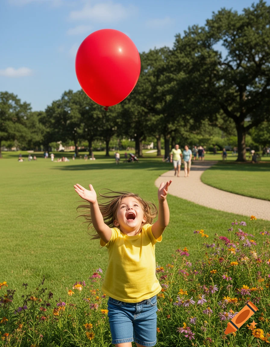 A joyful child in a yellow shirt reaches for a red balloon in a sunny park with trees and wildflowers.
