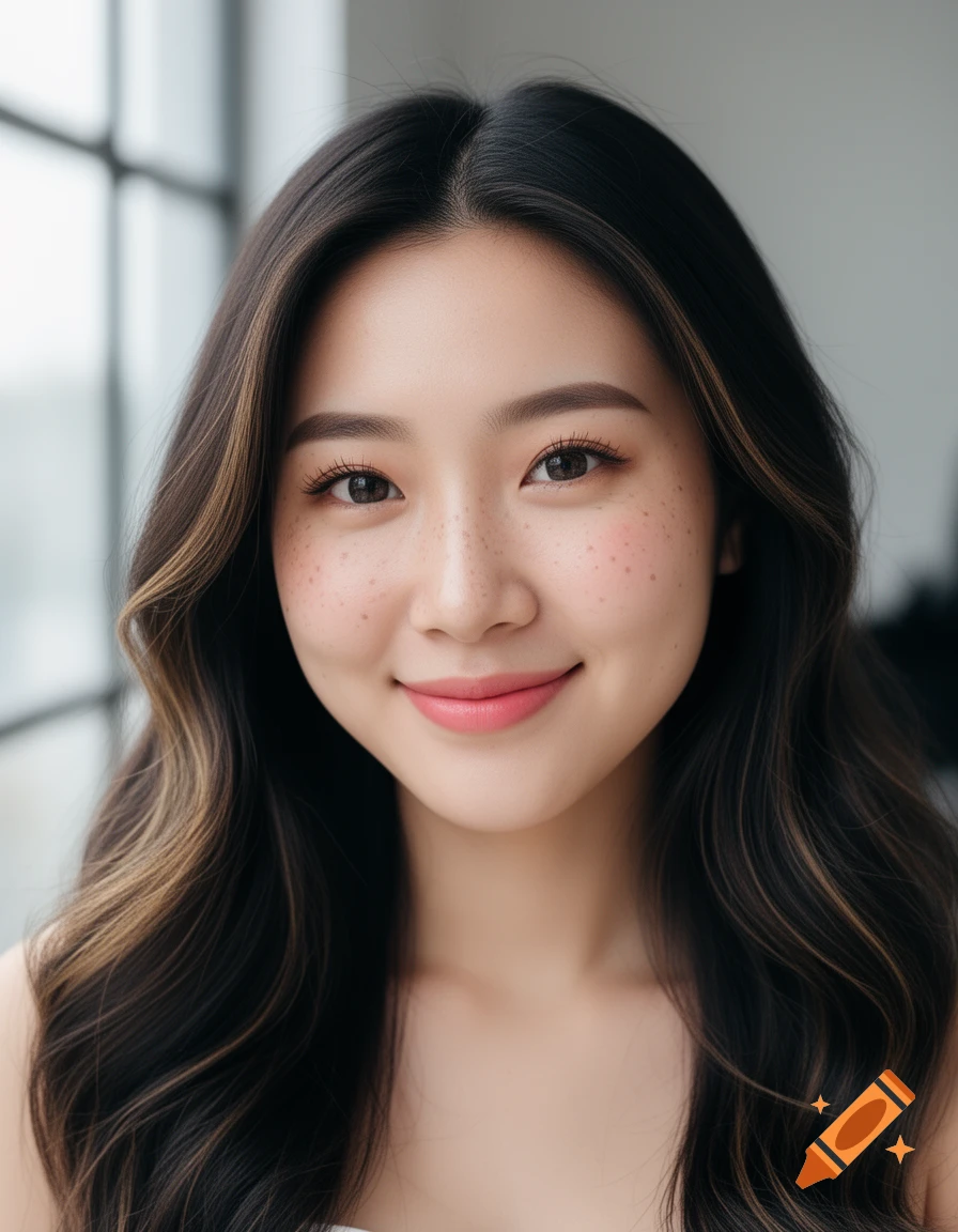 A headshot portrait of a smiling young Asian woman with dark wavy hair and freckles, against a blurred background with a window.