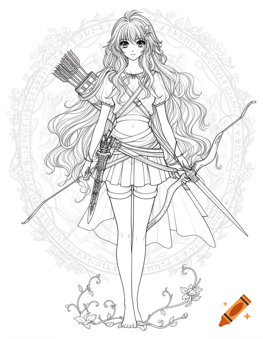 Anime line art of a young woman with long wavy hair, holding a bow, with a quiver of arrows and a dagger, standing against a floral circular pattern.