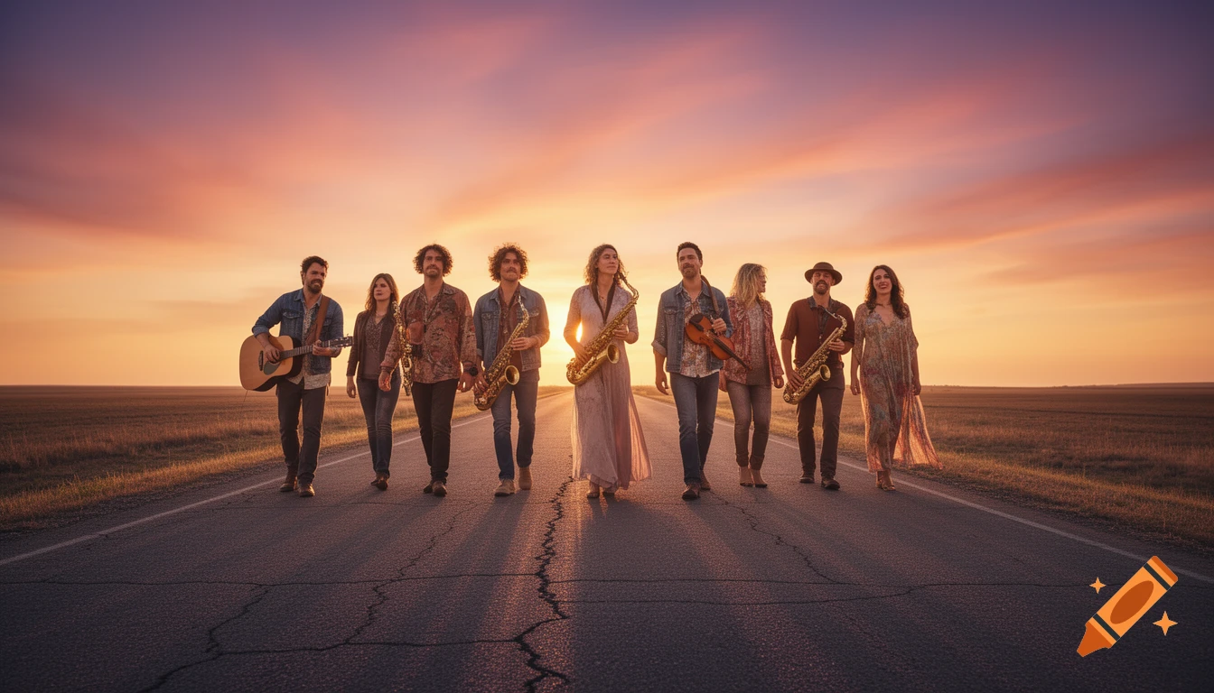 A band of eight musicians walks on a cracked road towards a vibrant sunset, carrying guitars, violins, and saxophones.
