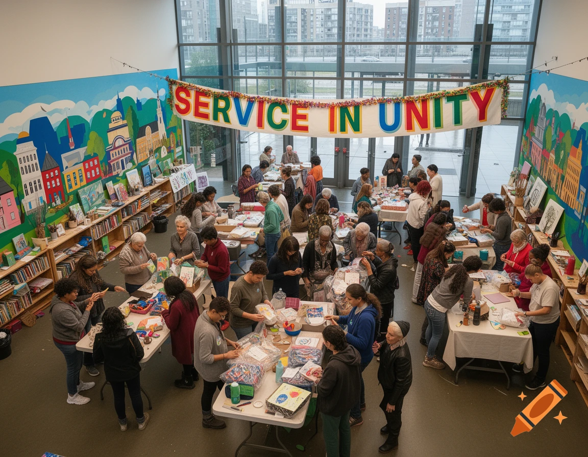 Overhead view of a diverse group of people engaged in a community service activity, working at tables under a banner that reads "SERVICE IN UNITY" in a large hall.