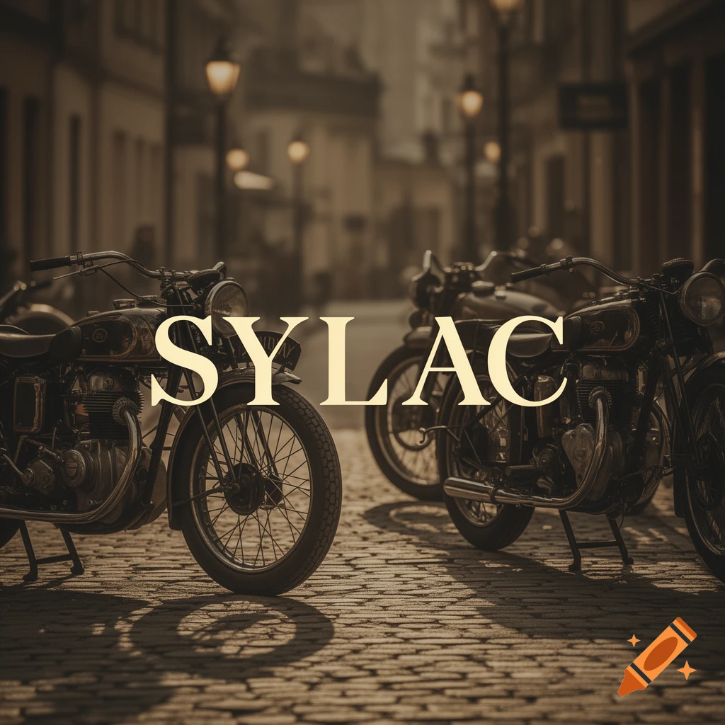 Vintage motorcycles parked on a sepia-toned cobblestone street with buildings in the background, text 'SYLAC' overlaid.