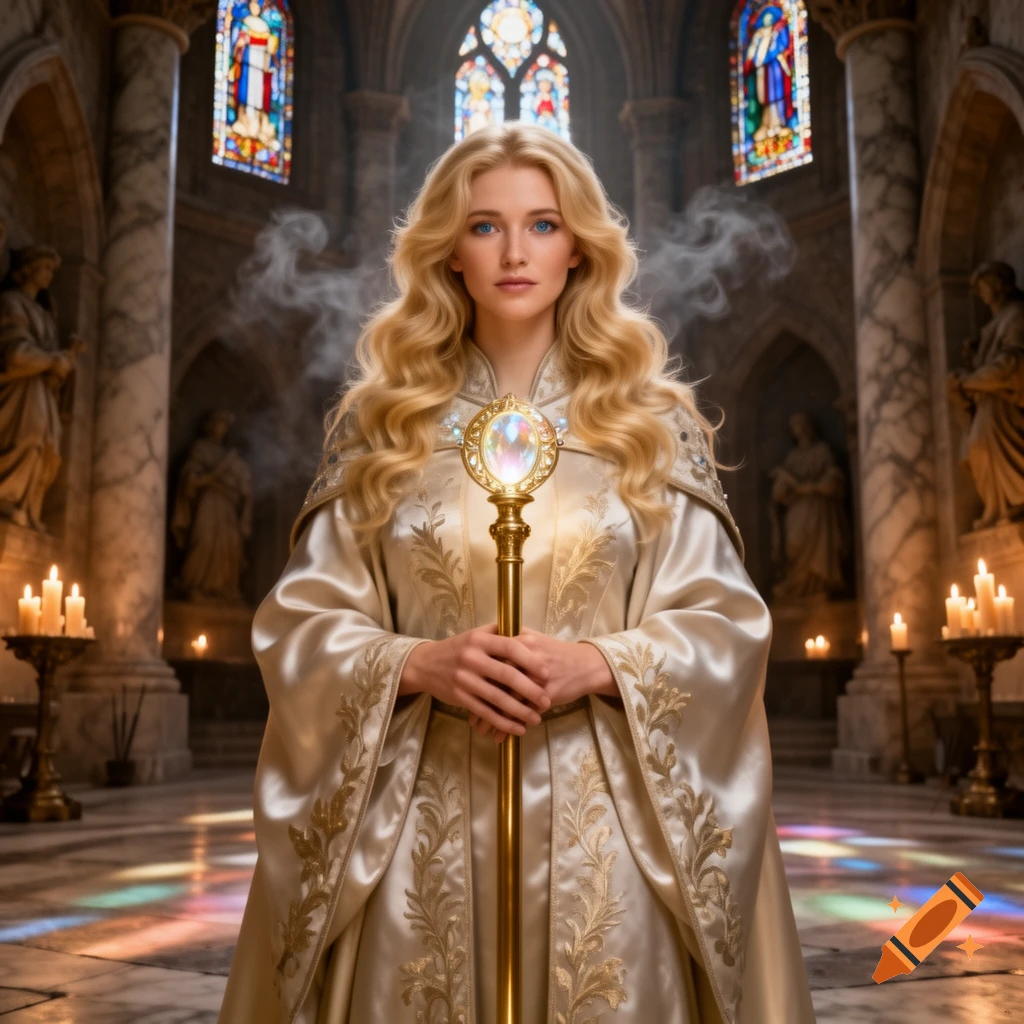 Photorealistic blonde female cleric in a grand church, holding an ornate staff, illuminated by colorful light.