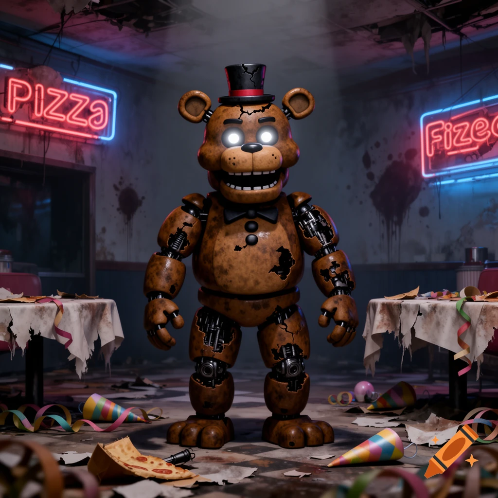 A weathered Freddy Fazbear animatronic stands with glowing eyes in a dilapidated pizzeria with neon signs.