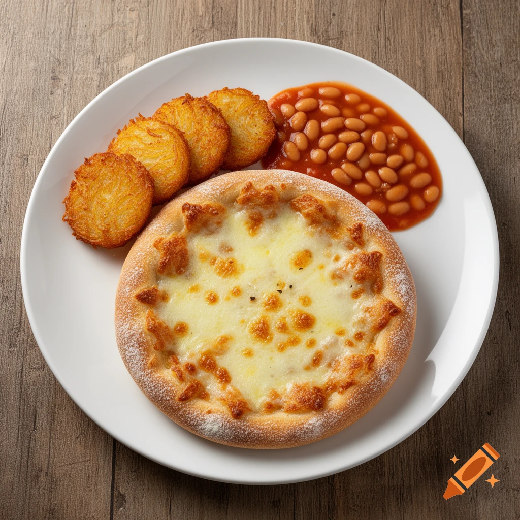 A small cheese pizza, hash browns, and baked beans on a white plate, shot from above on a wooden table.