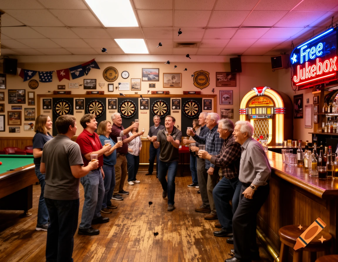 People gather in a warmly lit bar, playing darts and drinking, with a neon 'Free Jukebox' sign glowing.