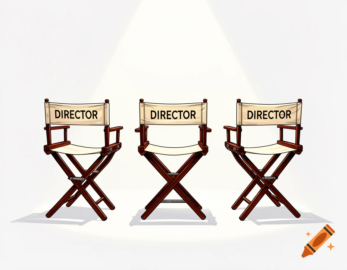 Three comic-style director's chairs with "DIRECTOR" written on their backrests, against a white background.