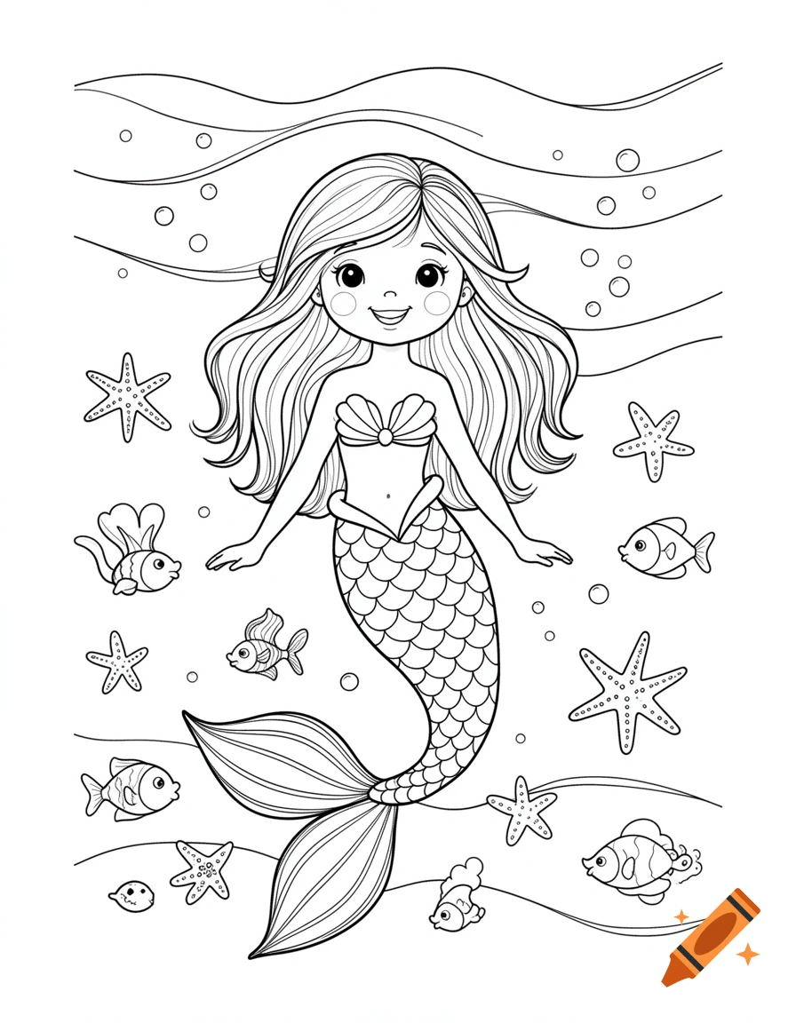 A simple black and white coloring page showing a happy mermaid with long hair, a seashell top, and a scaly tail, surrounded by starfish, fish, and bubbles in the ocean.