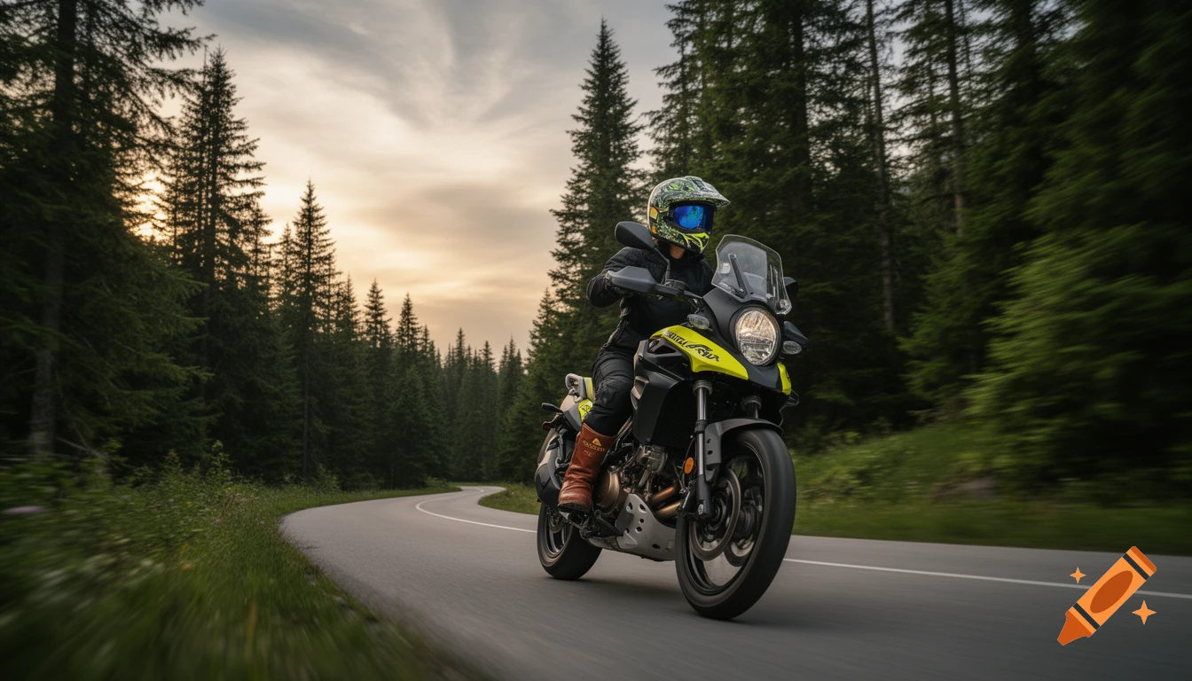 A woman on a yellow and black V-Strom motorcycle leans into a turn on a curvy road through a mountain evergreen forest at sunset. She wears black gear and a patterned helmet with a blue visor.