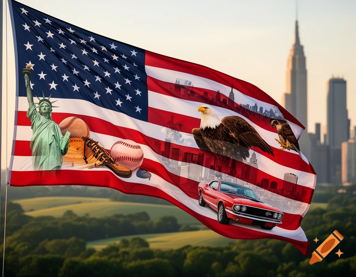 An American flag waving, overlaid with images of the Statue of Liberty, baseballs, bald eagles, and a red classic car, with a city skyline and green hills in the background.
