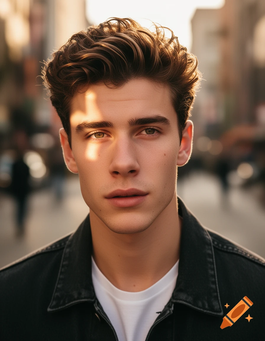 Close-up photorealistic portrait of a young man with wavy brown hair, green eyes, and a black denim jacket, bathed in sunlight on a city street.