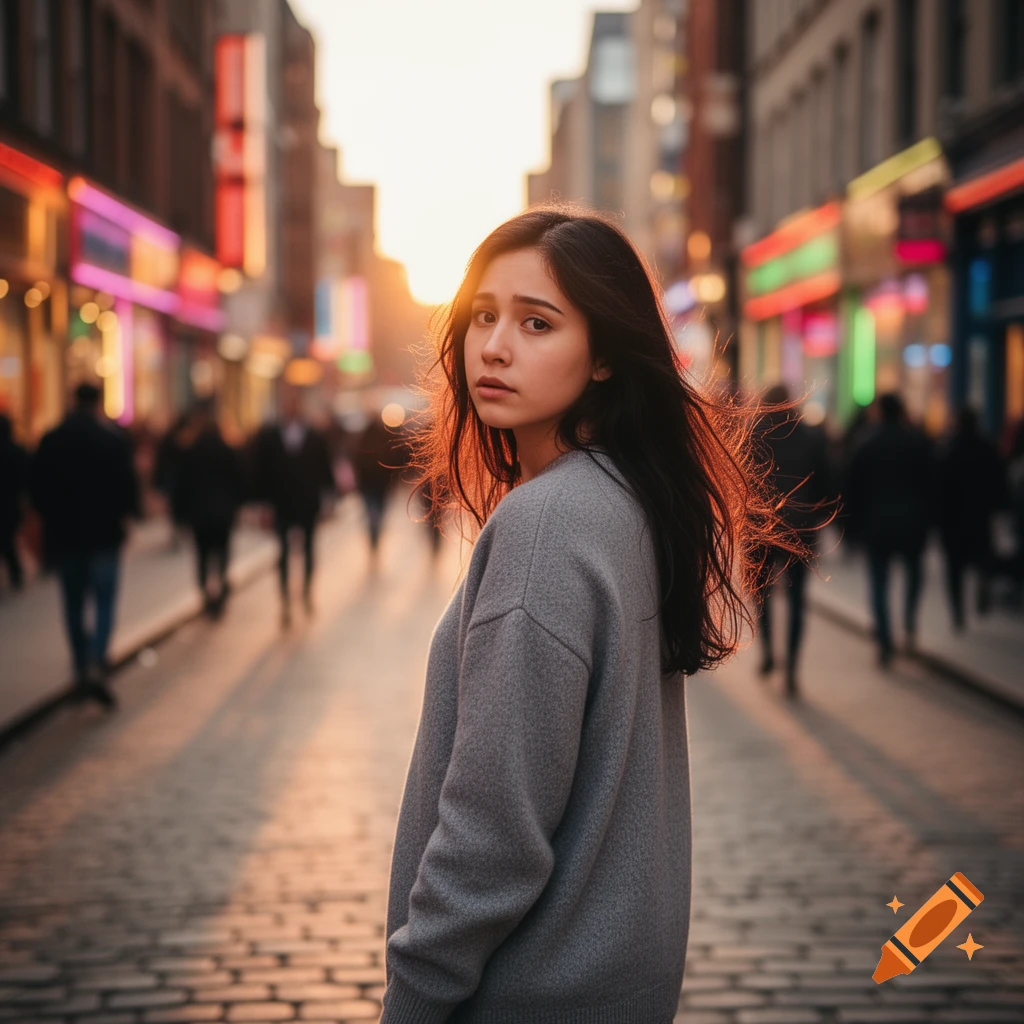 Photorealistic portrait of a young woman with dark hair looking over her shoulder on a bustling city street at sunset, with warm backlighting.