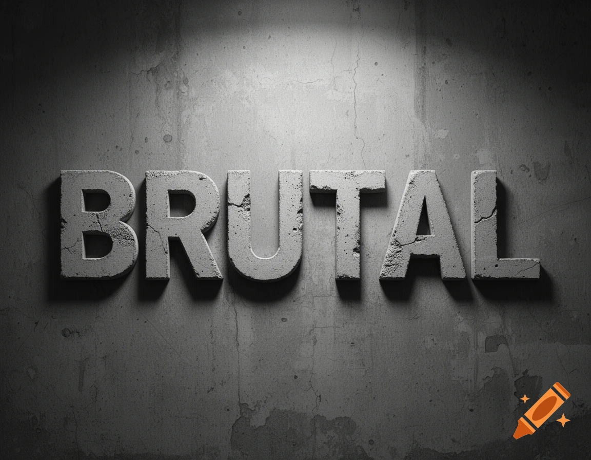 The word BRUTAL in concrete-textured capital letters on a dark, textured concrete wall, lit from above.