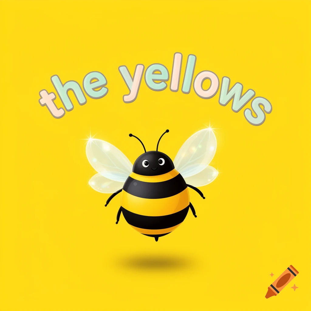 A cute cartoon bee with sparkling wings floats on a bright yellow background, with the words 'the yellows' above it.