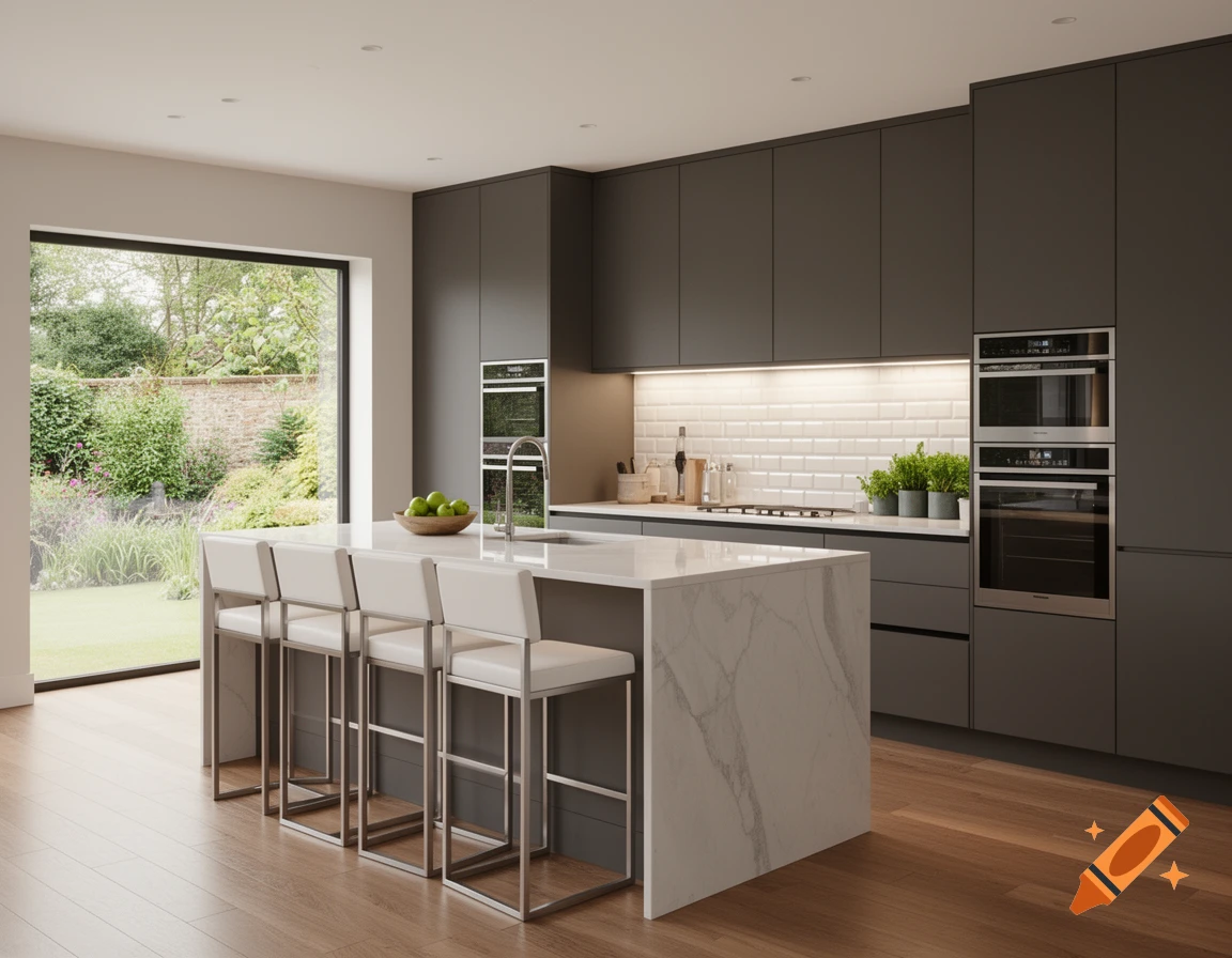 A modern kitchen with dark grey cabinets, a white marble island with four white bar stools, and a large window overlooking a lush garden.