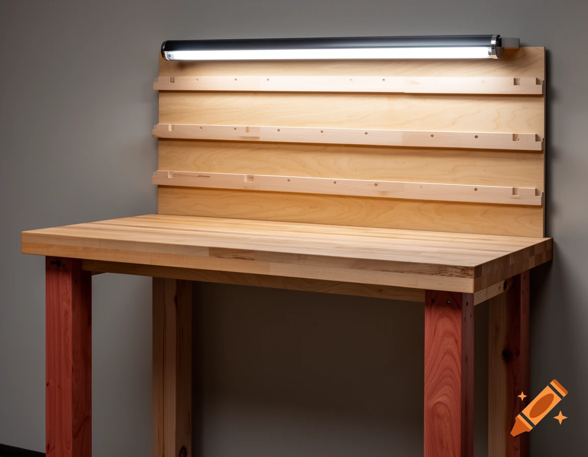 Photorealistic wooden workbench with birch butcher block top, reddish legs, plywood backer board with cleat strips, and overhead LED light.