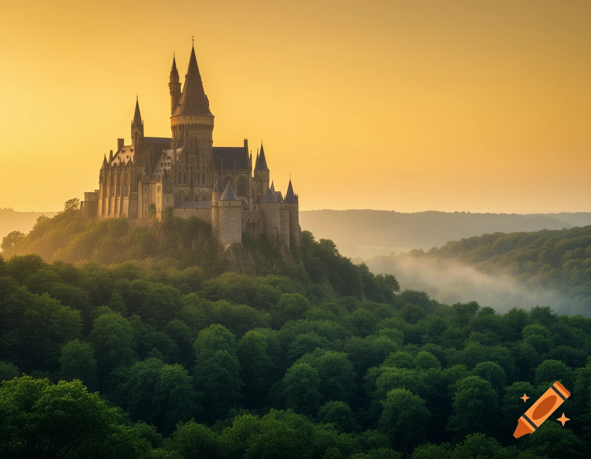 A majestic gothic fantasy castle stands on a forested hill overlooking a misty valley at sunset, photorealistic.