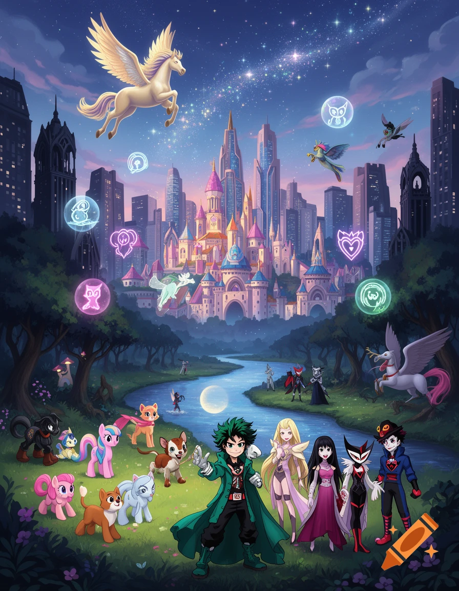 A vibrant fantasy landscape with a fairytale castle city, flying pegasi, and numerous cartoon and anime-style characters, including a My Hero Academia character, My Little Pony creatures, and others, in a magical forest setting under a starry sky.
