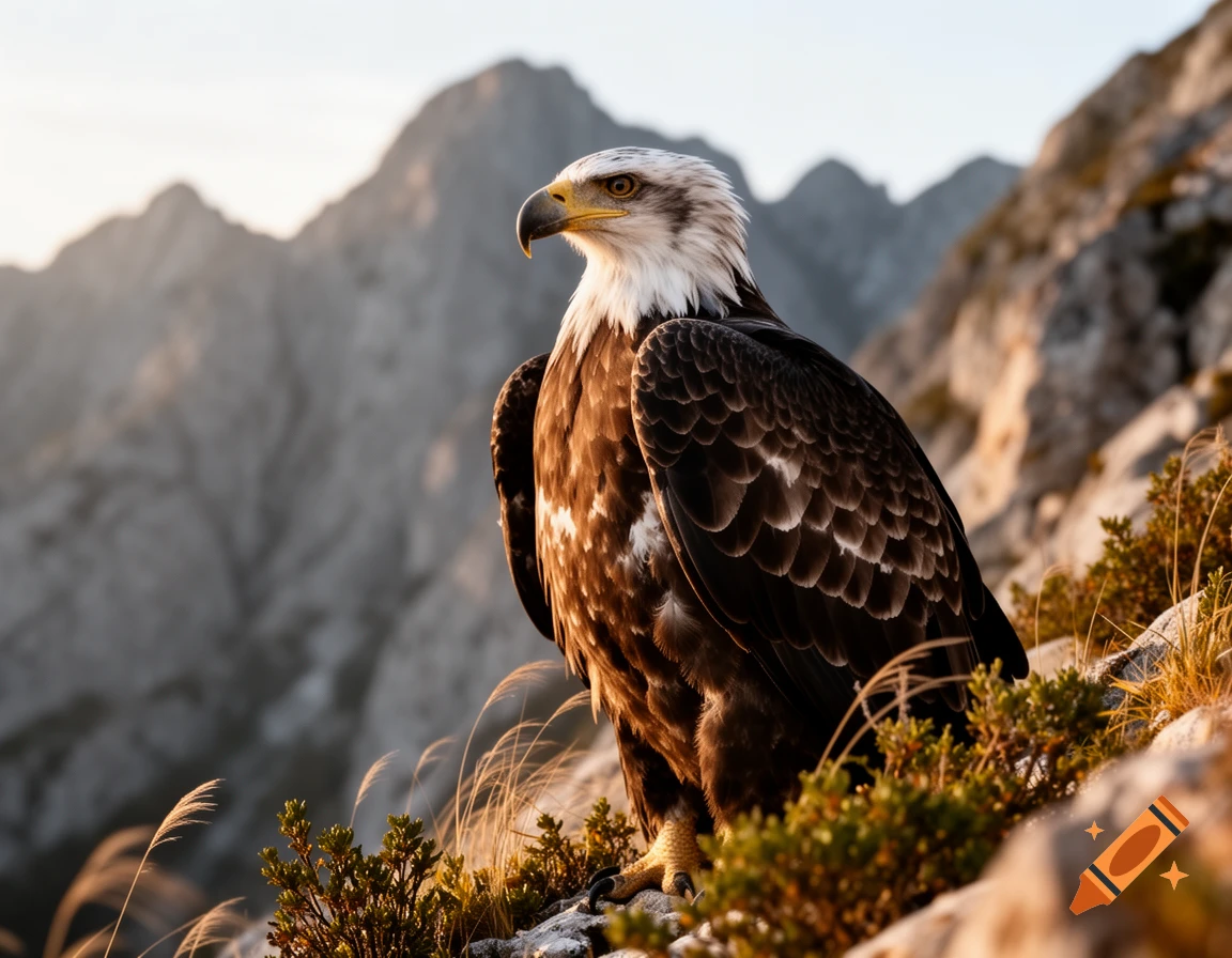A majestic bald eagle perched on a mountain ledge at sunrise, looking left, with distant peaks blurred in the background.