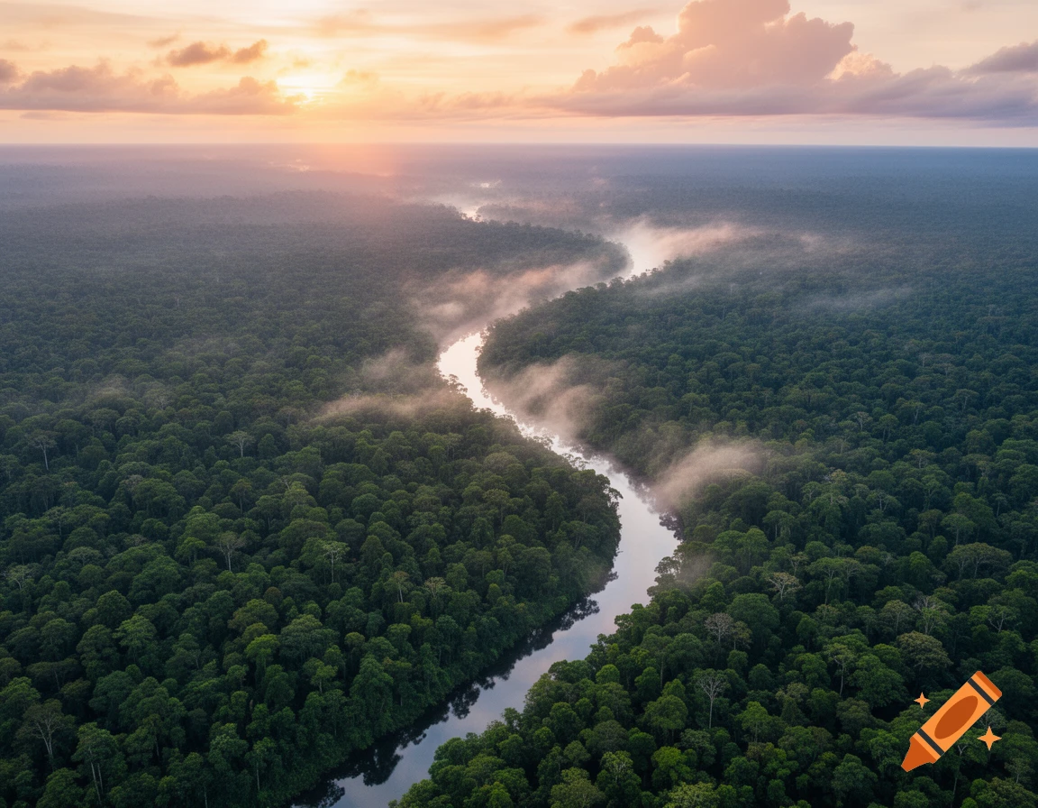 Aerial view of a winding river through dense Amazon rainforest under a sunset sky with mist.