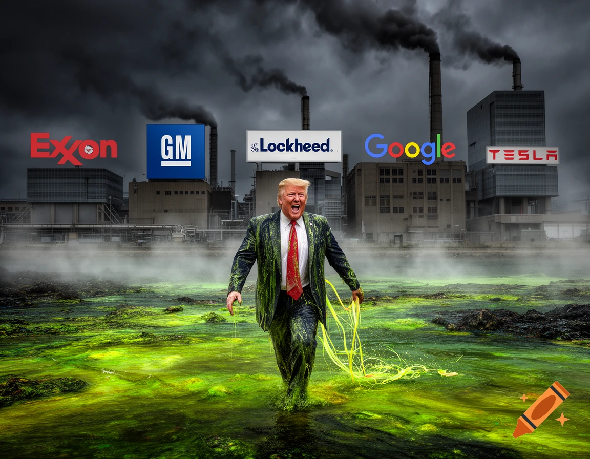 Donald Trump walks out of a bubbling toxic waste dump, covered in green slime, with corporate buildings from Exxon, GM, Lockheed, Google, and Tesla in the background, emitting dark smoke.